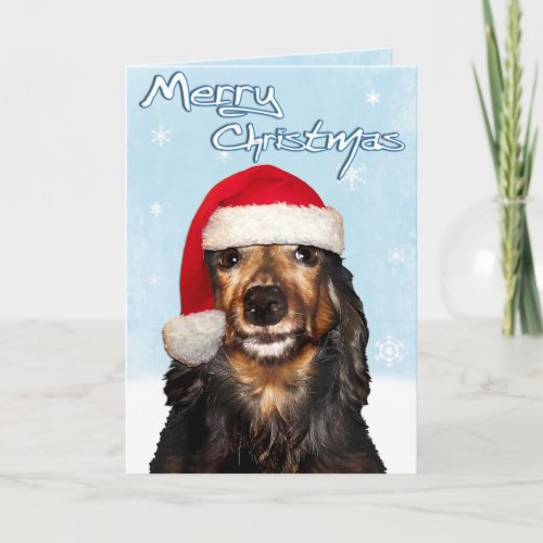 Merry Christmas Dachshund Card - Holiday card longhair Dachshund by Jerry Lambert customizable text inside