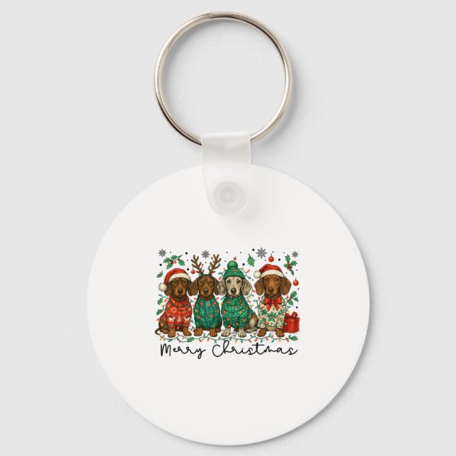 Merry Christmas Dachshund Dog Retro Xmas Puppy Men Keychain (Front)