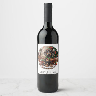 Merry Christmas Dachshund Dogs Elf Wine Label