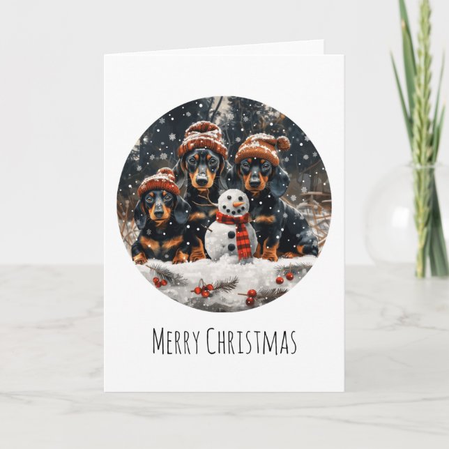 Merry Christmas Dachshund Dogs Snowman Holiday Card (Front)