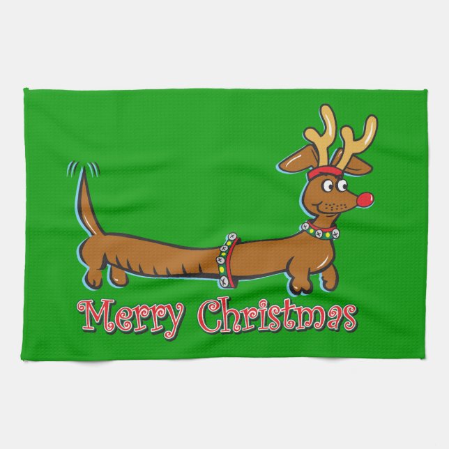 Merry Christmas Dachshund Kitchen Towel (Horizontal)