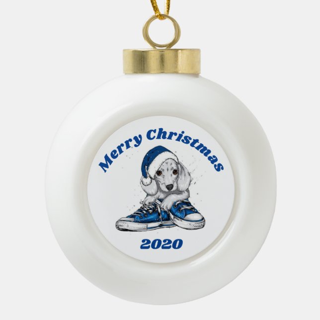 Merry Christmas Dachshund Puppy Ceramic Ball Christmas Ornament (Front)
