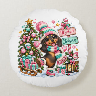 Merry Christmas Dachshund Round Pillow