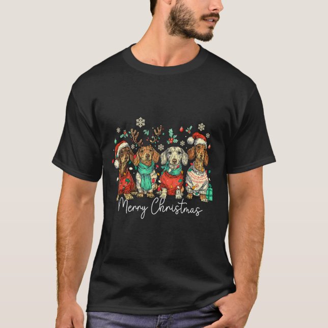Merry Christmas Dachshund Santa Dog Xmas Lights Ho T-Shirt (Front)