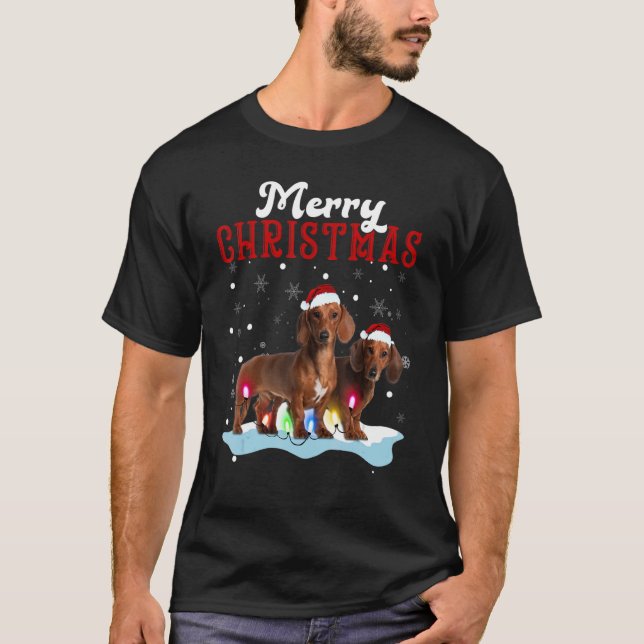Merry Christmas Dachshund Tree Lights Dachshund Ch T-Shirt (Front)