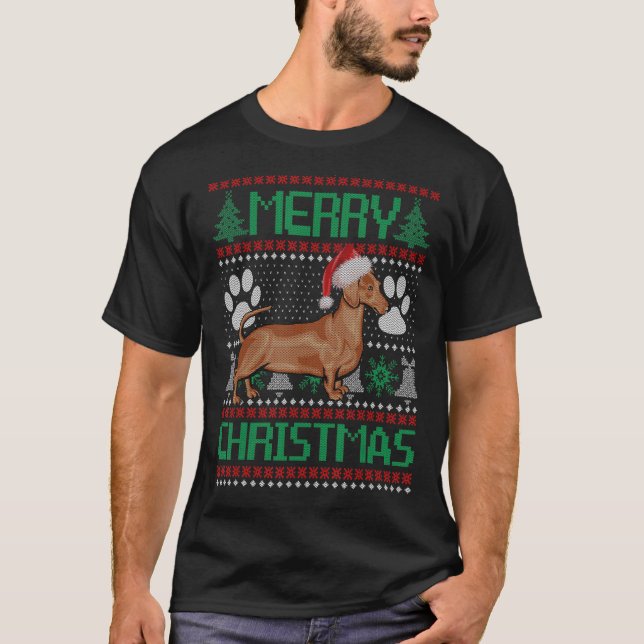 Merry Christmas Dachshund  UGLY Xmas Pajama Dog T-Shirt (Front)