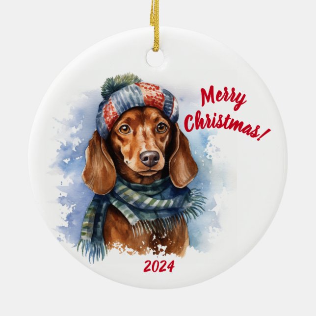 Merry Christmas Dachshund: Watercolor Ceramic Ornament (Back)