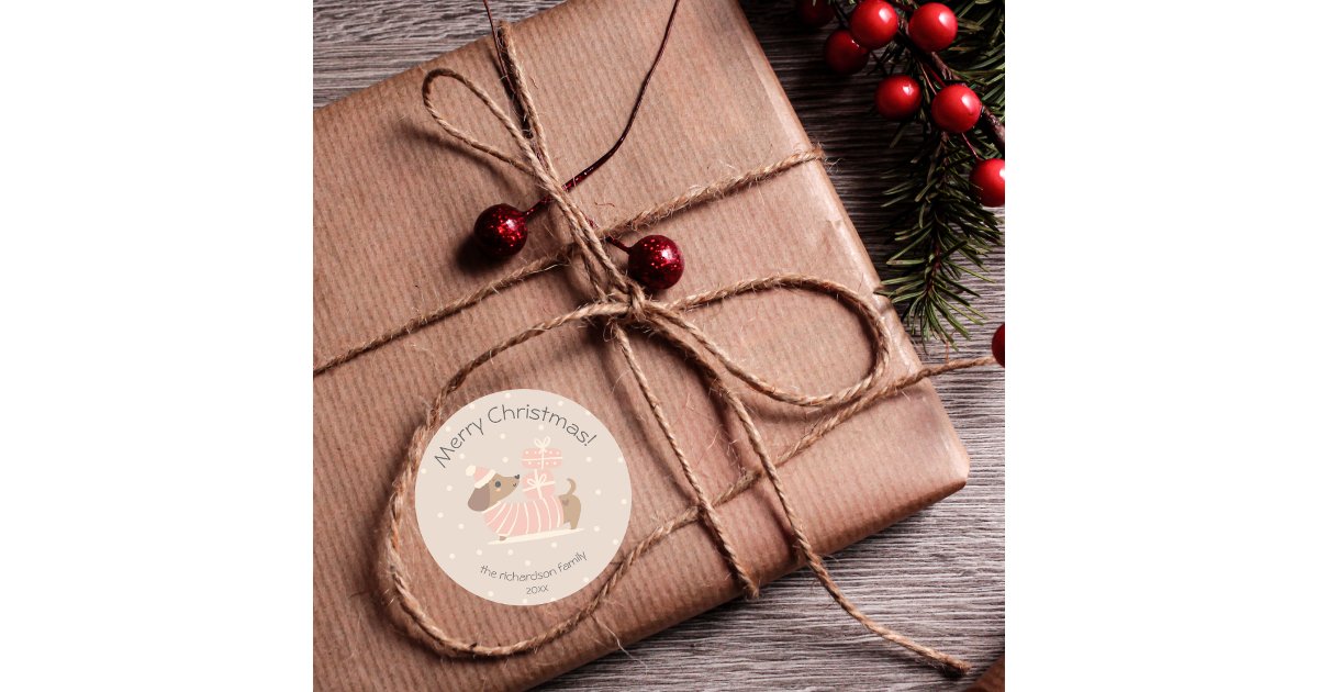 Merry Christmas Dachshund with Presents Classic Round Sticker | Zazzle