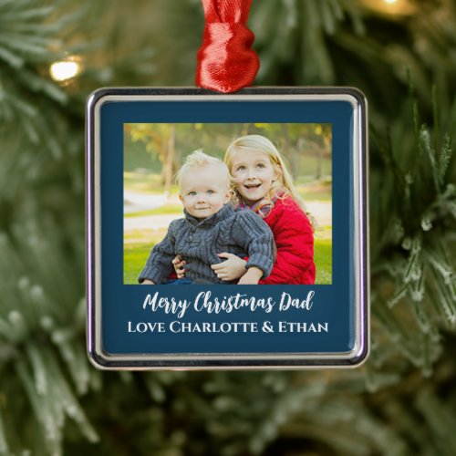 Merry Christmas Dad Blue and White Photo  Metal Ornament