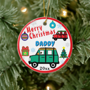Merry Christmas Daddy Kids PHOTO Green Car Ceramic Ornament