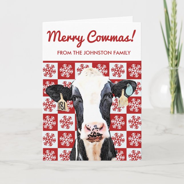 Merry Christmas Dairy Cow Holstein Farm Snowflake  Card (Front)