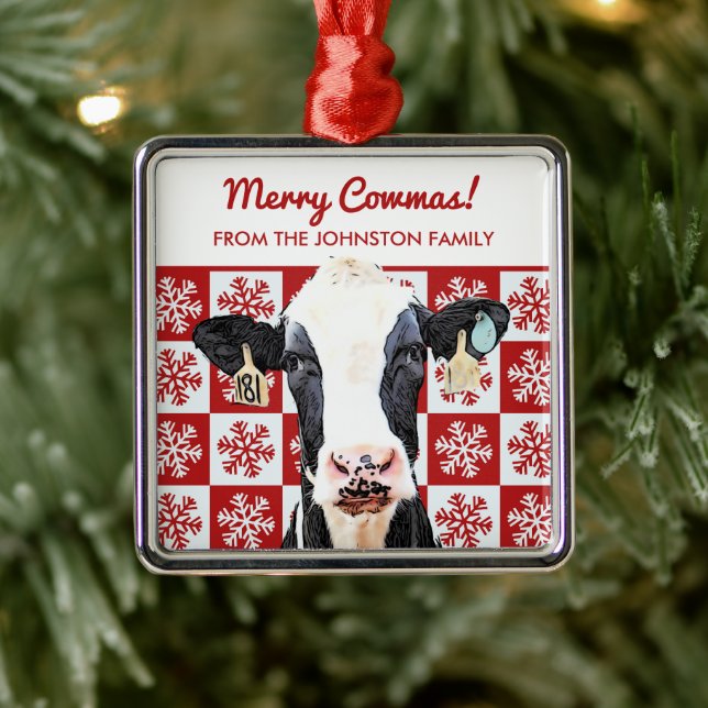 Merry Christmas Dairy Cow Holstein Farm Snowflake Metal Ornament (Tree)
