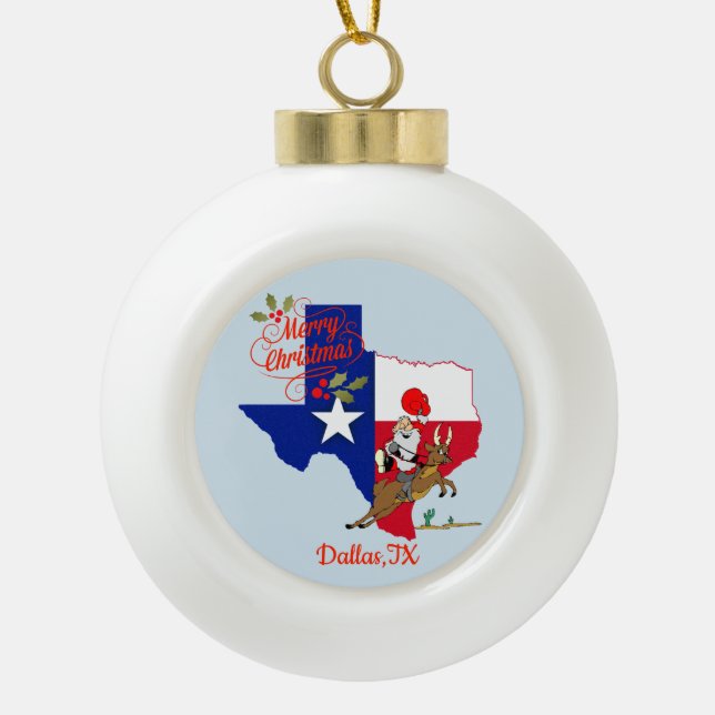 Merry Christmas Dallas Texas Ceramic Ball Christmas Ornament (Front)