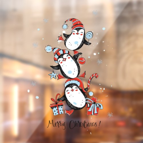 Merry Christmas Dancing Penguins Snowflakes Window Cling