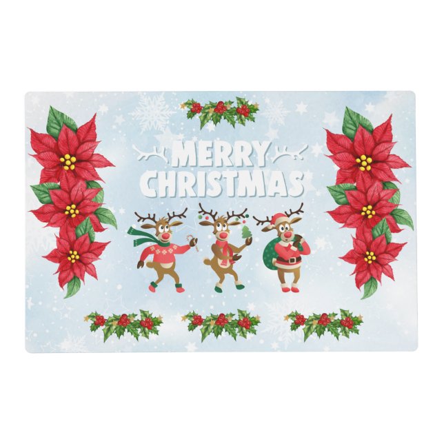 Merry Christmas Dancing Reindeer Poinsettias Holly Placemat (Front)