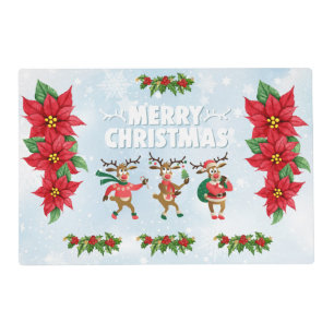 Merry Christmas Dancing Reindeer Poinsettias Holly Placemat