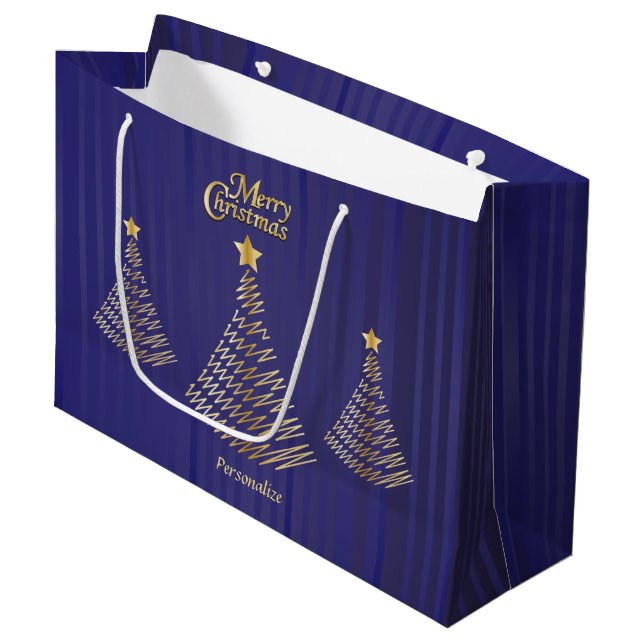 Merry Christmas  Dark Blue and Gold Trees Large Gift Bag (Front Angled)