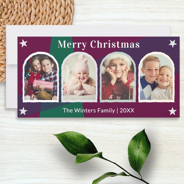 Merry Christmas Dark Colors 4 Photos Gallery Holiday Card (A Christmas card in plum and dark green, with custom text and 4 arch shaped frames for your photos)