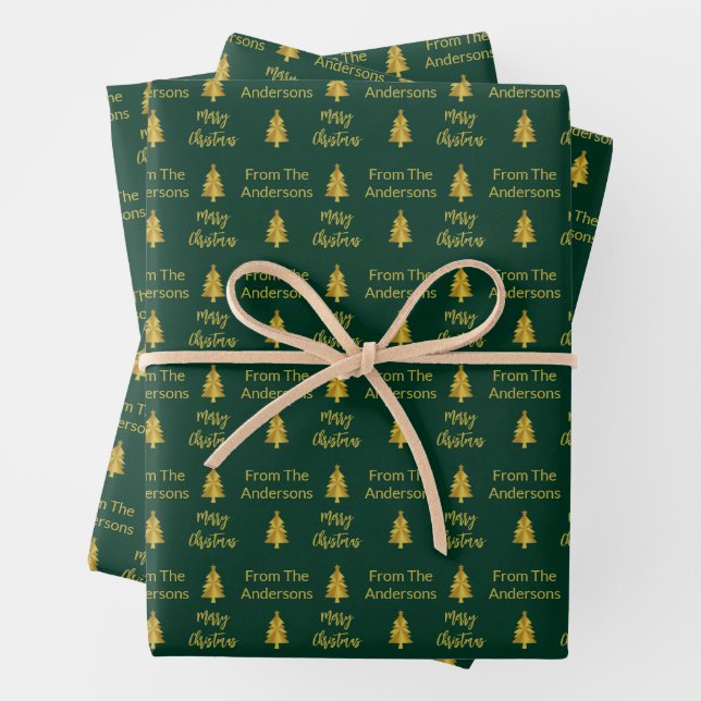 Merry Christmas Dark Green and Gold Names Trees Wrapping Paper Sheets (In situ)