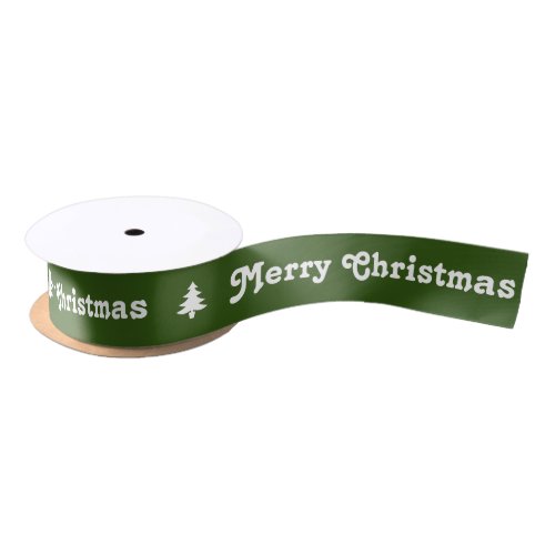 Merry Christmas Dark Green and White Trees Satin Ribbon