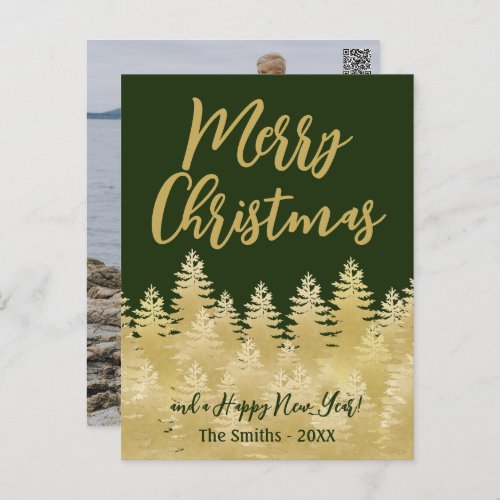 Merry Christmas Dark Green Gold Pine Trees Photo Postcard