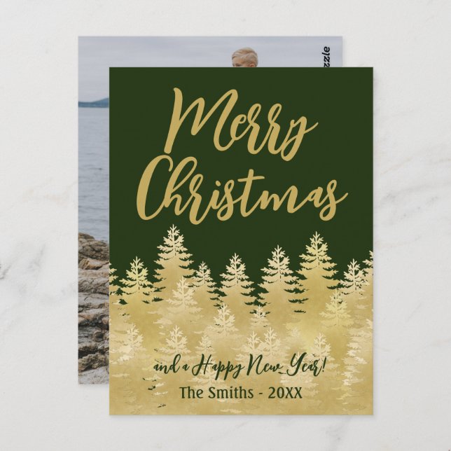 Merry Christmas Dark Green Gold Pine Trees Photo Postcard (Front/Back)