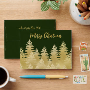 Merry Christmas Dark Green Golden Pines Gift Card Envelope