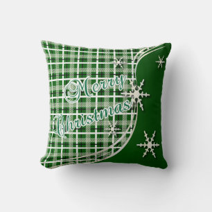 Merry Christmas Dark Green Plaid Snowflakes Throw Pillow