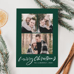 Merry Christmas Dark Green Script 3 Photo Collage Holiday Card<br><div class="desc">Send warm holiday wishes to family and friends with a simple holiday photo card by Late Bloom Paperie! The modern Christmas card features 3 of your favorite photos with "Merry Christmas" displayed in a white hand-lettered script with a dark green background. Personalize the front of the photo card by adding...</div>