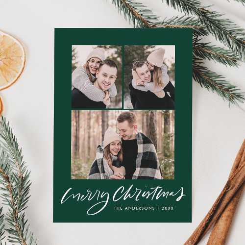 Merry Christmas Dark Green Script 3 Photo Collage Holiday Card