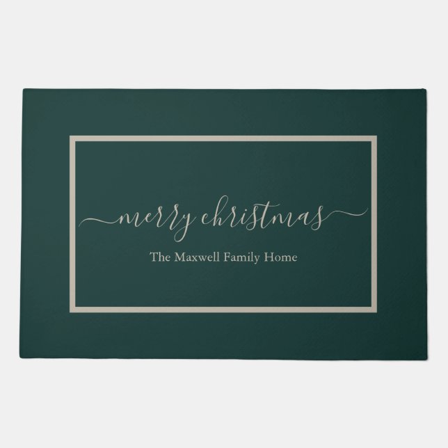 Merry Christmas dark green script name Doormat (Front)