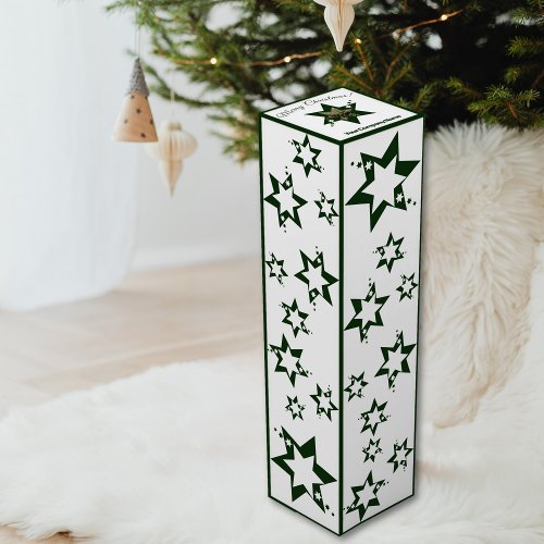 Merry Christmas Dark green Stars on Snowy White Wine Box
