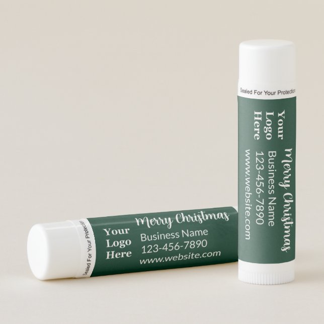 Merry Christmas Dark Green White Business Logo Lip Balm (Front)