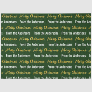 Merry Christmas Dark Green White Gold Script Name Tissue Paper