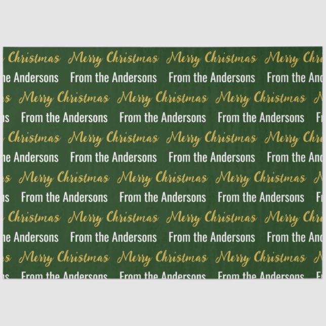 Merry Christmas Dark Green White Gold Script Name Tissue Paper (Front)