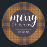 Merry Christmas Dark Plaid Classic Round Sticker<br><div class="desc">Elegant dark brown,  orange and blue classic sticker for Christmas gifts and other surprises. Wishing you a colorful and joyful celebration!</div>