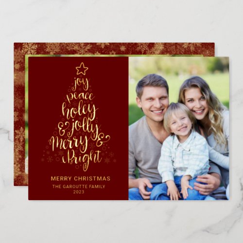 Merry Christmas Dark Red 2 Photo Gold Foil Holiday Card