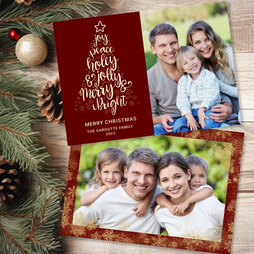 Merry Christmas Dark Red 2 Photo Gold Foil Holiday Card