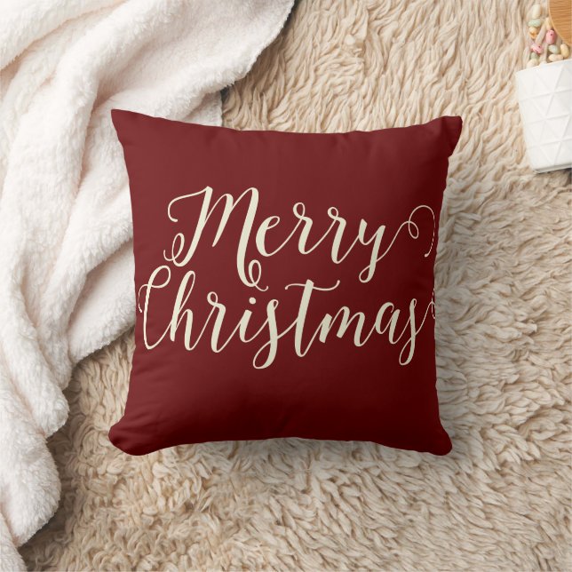 Merry Christmas Dark Red Beige Christmas Throw Pillow (Blanket)
