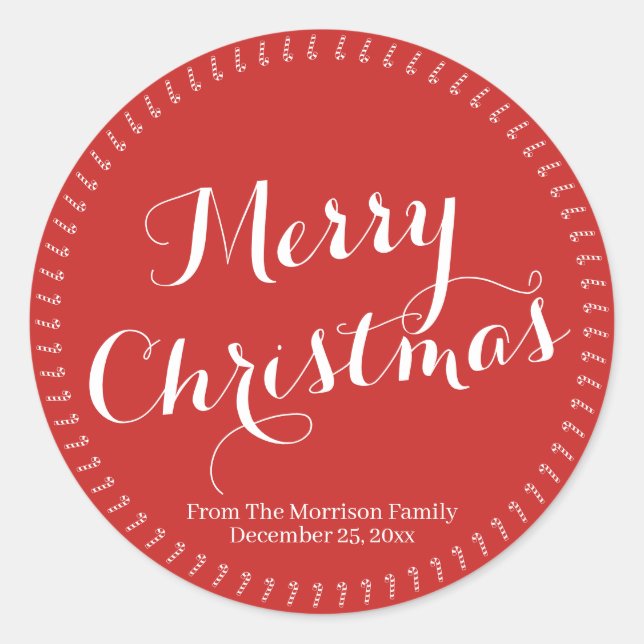Merry Christmas dark red custom script name Classic Round Sticker (Front)