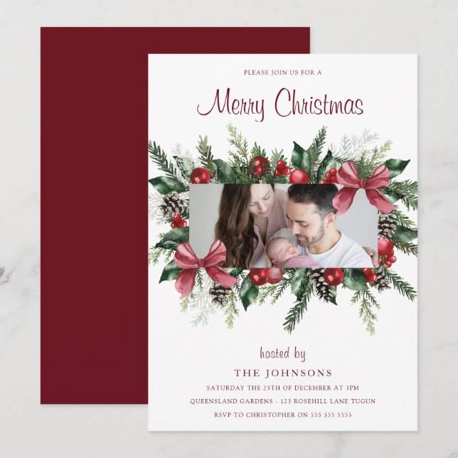 Merry Christmas Day Wreath Photo Party  Invitation (Front/Back)