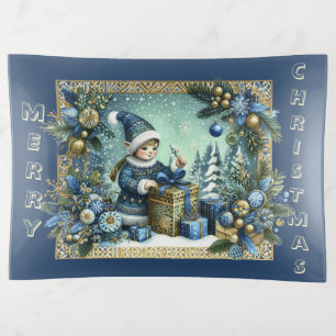 Merry Christmas Decor Modern Typography Blue Elf Trinket Tray