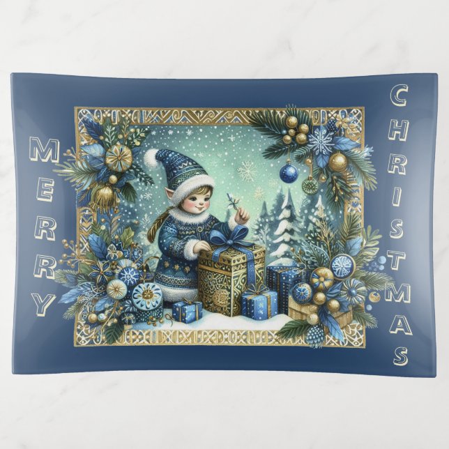 Merry Christmas Decor Modern Typography Blue Elf  Trinket Tray (Front)
