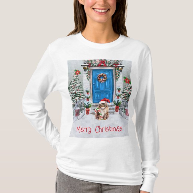 Merry Christmas Decorated House with Santa Kitty T-Shirt (Front)