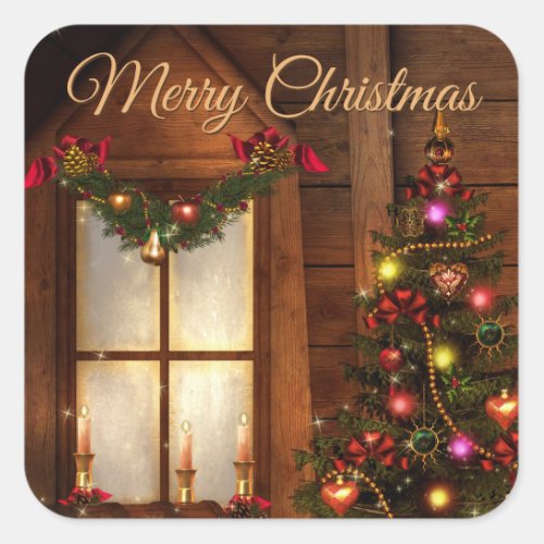 Merry Christmas Decorated Lodge Square Stickers