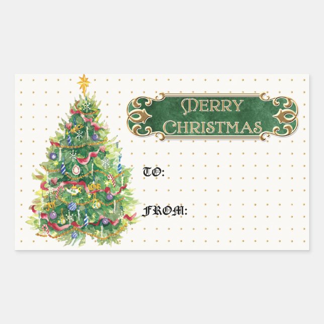 Merry Christmas Decorated Tree Star Gold Swirl Rectangular Sticker (Front)