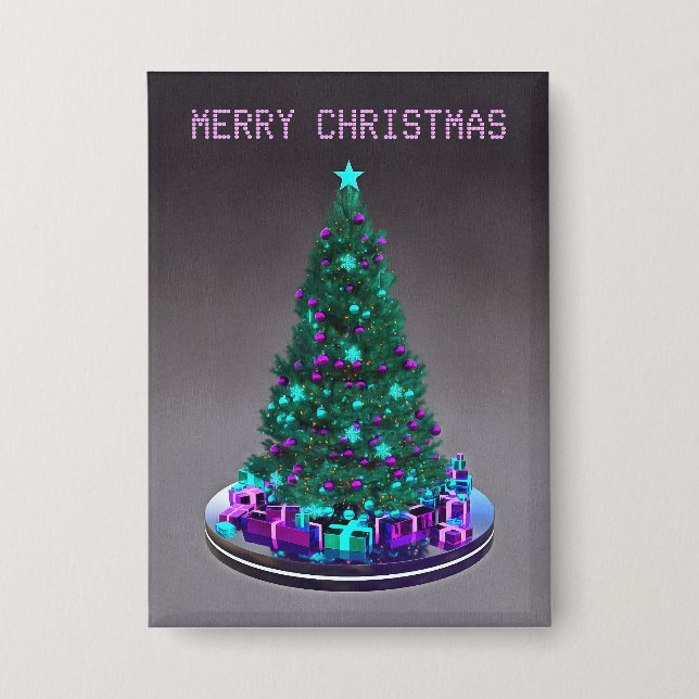 Merry Christmas. Decorated tree with gifts Button (Front)