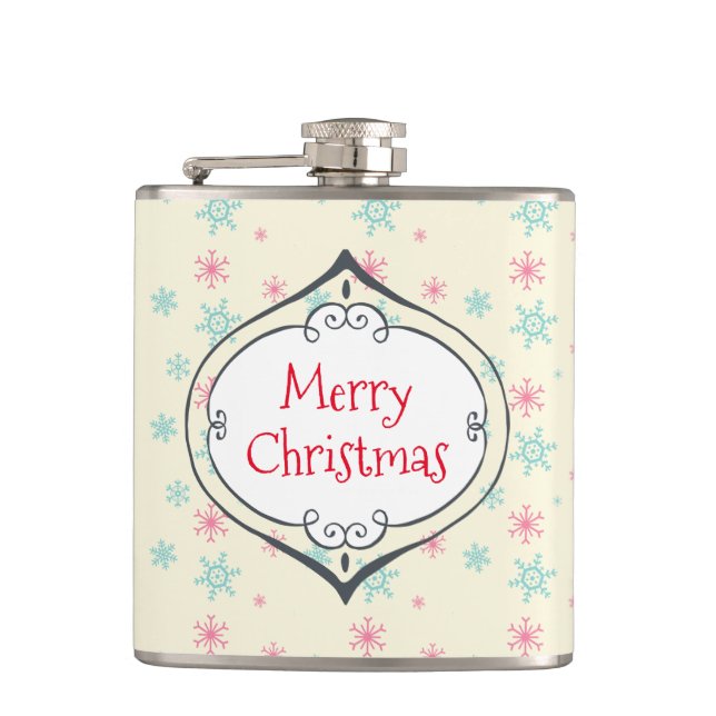 Merry Christmas Decoration Pink & Blue Snowflakes Flask (Front)
