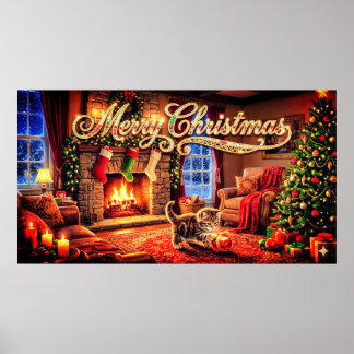 Merry Christmas Decorative Artwork with Kitten Poster