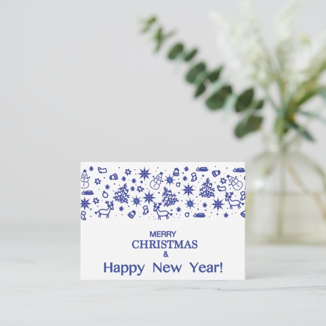 Merry Christmas! Decorative blue drawings in doodl Note Card (Standing Front)
